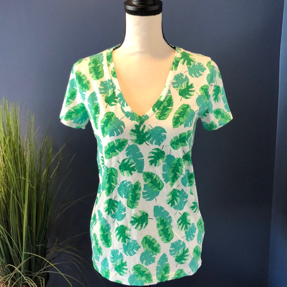 J Crew Slub V Neck Tee Fig Leaf Print